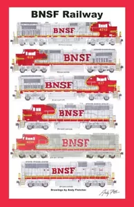 Locomotoras Warbonnet BNSF 12"" x 18"" póster enmarañado firmado por Andy Fletcher - Imagen 1 de 1