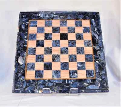 Tablero de ajedrez vintage azul de sodalita y madera - regalo de diseño de incrustación de piedra de lujo para ella Foto 1 de 4