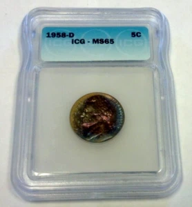 MONSTER REGENBOGEN GETÖNT 1958-D JEFFERSON NICKEL ICG MS65 (2532) - Bild 1 von 5