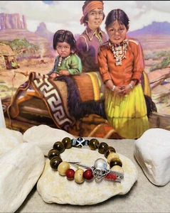 Men’s bracelets Native American Skull and Arrow Bone Bead-Tiger’s Eye Stones - Picture 1 of 6