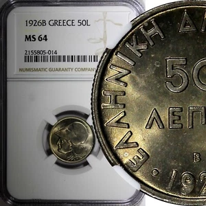 Greece Copper-Nickel 1926 B 50 Lepta Athena  Vienna Mint NGC MS64 KM# 68 (14) - Picture 1 of 5