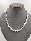17" White 8mm Shell Pearl Choker Necklace S925 Sliver Clasp Pendant Crystal