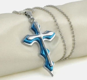 Blue Cross Pendant Necklace Silver Stainless Steel Unisex's Chain Crucifix Men W - Picture 1 of 4