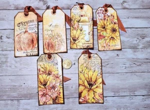 6-Fall-Autumn-Pumpkins-Sunflowers-Glittered-Party-Linen Cardstock-Gift-Hang-Tags - Picture 1 of 1