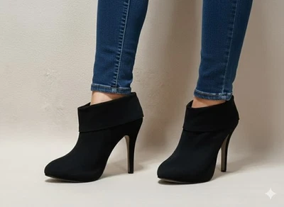 MAX STUDIO Botines de Gamuza Negros 7.5 Puño Plegable Cuero Fino 5" Stiletto Foto 1 de 4