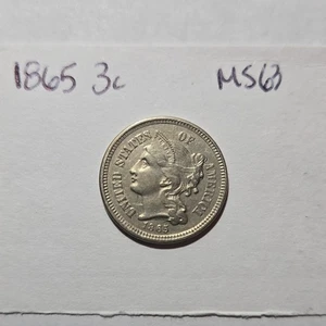 1865 UNCIRCULATED HIGH GRADE 3 Cent Nickel w/ DEEP DIE CLASH 2X - Picture 1 of 6