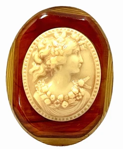Victorian Carved 2 Tone Cherry and Apple Juice Bakelite Celluloid Cameo Brooch - Picture 1 of 10