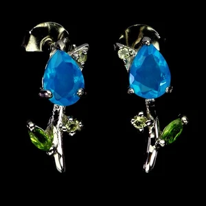925 Sterling Silver Earrings Pear Blue Opal 7x5mm Peridot Gemstone Jewelry - Picture 1 of 14