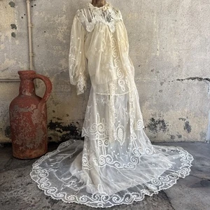 Antique Edwardian White Net Embroidered Dress  Wedding Tea Lawn Gown Vintage - Picture 1 of 24