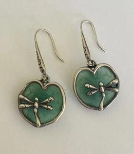 Vintage Signed 925 Sterling Silver Carved Jade Dragonfly Dangle Earrings - Picture 1 of 15