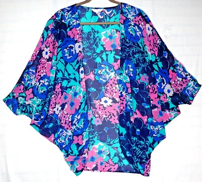 Charming Charlie Sheer Cover Up Top Womans Size Medium Blue Floral Open Front - Image 1 of 4