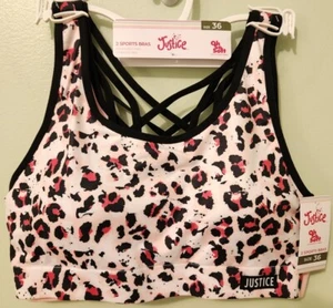 Justice Girls SIZE 36 Sports Bras SET OF 2 Pink Black Animal Print Solid #10722 - Picture 1 of 6