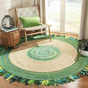 Rug Cotton & Jute Round Reversible Handmade Carpet Living Modern Area Tassel Rug - Picture 1 of 6