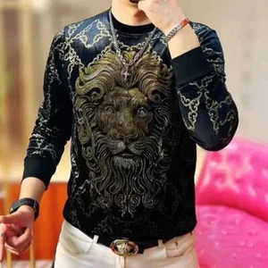 Neu Herren Luxus Samt Diamant Löwe Strass Mode Pullover Hochwertig - Bild 1 von 2