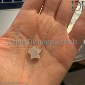 Natural Moonstone Gemstone Star Cut 14K Solid Yellow Gold Lariat Chain Necklace