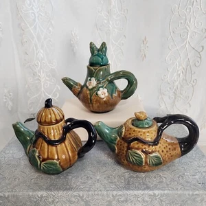 Majolica MCM Vintage Teapots Gourd Squash Floral Botanical Earthtones Garden - Picture 1 of 21