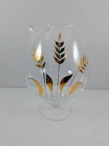 Vintage MCM Cera Glass Footed Pedestal Pitcher Gold Wheat Leaf 8.5" Tall RARE - Picture 1 of 10