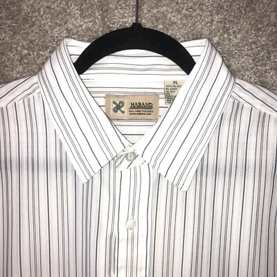 HABAND SHIRT MENS XL WHITE BLUE STRIPED SHORT SLEEVE BUTTON UP LIGHT WEIGHT - Image 1 of 4