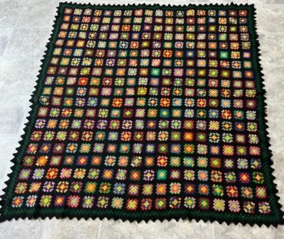 Vintage Hand Made Crocheted Blanket Granny Square Black Green & Pastel 65" x 63" - Image 1 of 4