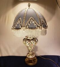 ☆Ancienne lampe de table en laiton antique or floral italien doré Capodimonte et abat-jour en soie