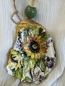 Sonnenblume Austernschale Ornament Decopauge Handarbeit aus Chesapeake Bay - Bild 1 von 5