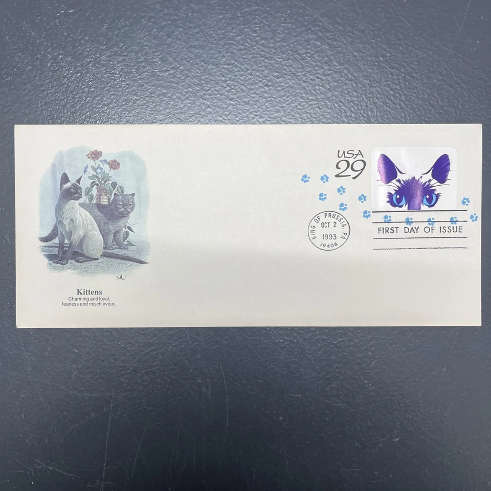 1993 Kittens Siamese Cat Eye stationery 29c Sc U630 FDc with Fleetwood cachet  - Image 1 of 4