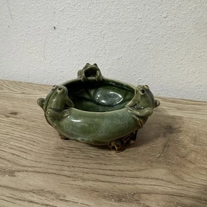 3 Frogs Green Glaze Bowl Decorative Succulent Planter Mid Century Modern - Picture 1 of 12