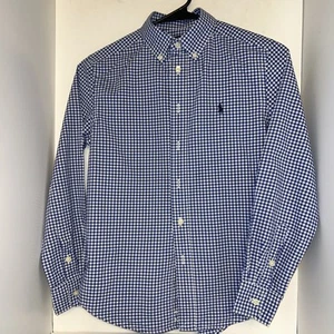 Camisa Ralph Lauren M (10-12) Natural Elastizada Azul Blanco Guinga Algodón Abotonada - Imagen 1 de 6