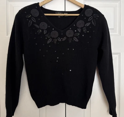 Suéter Pullover Vintage Jeanne Pierre Negro Lentejuelas Florales Talla S Lana Cordero Foto 1 de 4