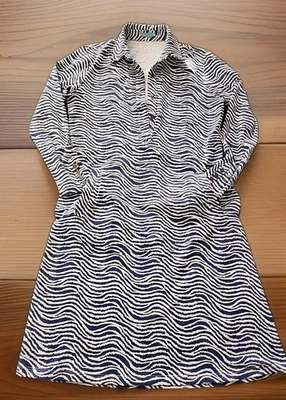 Vestido Camisa JMCLAUGHLIN Sm Azul Marinho Branco Estampa Onda Manga Longa Gola Shift - Imagem 1 de 4