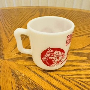 Vintage Hazel Atlas Ranger Joe Cowboy Ranch Mug Red White Milk Glass D Handle - Picture 1 of 7