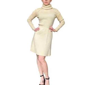 Vintage '70s Avagolf Beige Wool Chunky Turtleneck Sweater Dress XS/S - Picture 1 of 5
