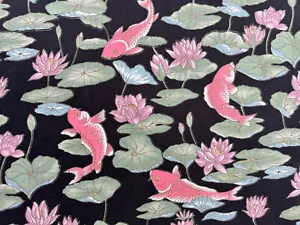 4 yards of Hoffman California Woodblock Asian Koi Fish Lily Pads Fabric 43” Wide - Picture 1 of 10
