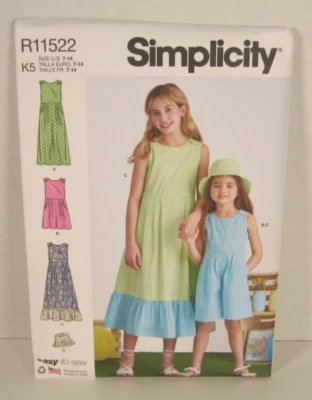 Simplicity 11522 Easy Jumpsuit, Romper, Dress & Hat Pattern Girls' 7-14 Uncut - Image 1 of 2