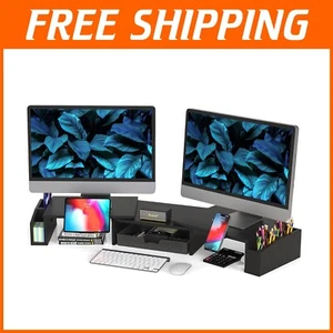 Modern Black Desk Organizer with Dual Monitor Stand & Side Caddies, No Assembly - Picture 1 of 7