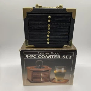 Vintage Holz Untersetzer Set Aufbewahrung Getränk Getränk Korken Halter 8 Untersetzer Schwarz - Bild 1 von 12