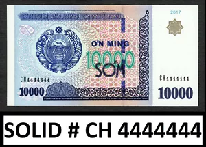 Uzbekistan 10,000 Sum 2017 SOLID Number CH 4444444 Pick-84 Crisp AUNC - Picture 1 of 2