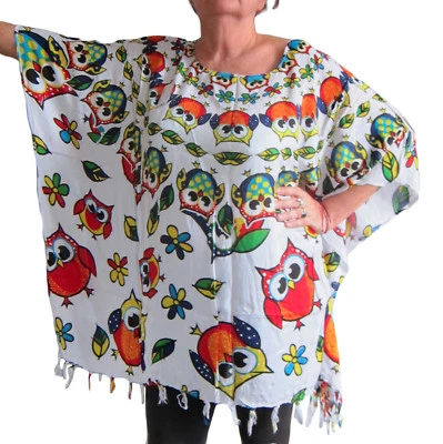Femmes Blanc Avec Chouettes Caftan Poncho Tunique Haut Plage Pour Grand Size New - Photo 1/4
