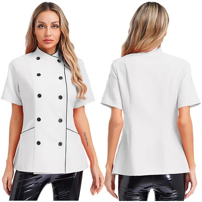 Women Coat Trimming Tops Restaurant Jacket Collar Chef Kitchen Short Sleeve - Image 1 of 4