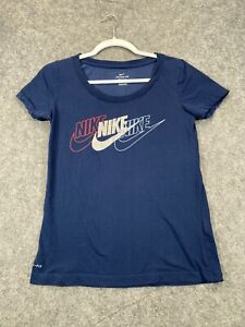The Nike Tee Dri Fit T Shirt Womens XS Blue Spell Out Logo Swoosh Short Sleeve