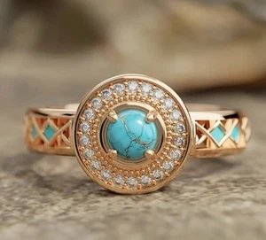 Round Inspired Turquoise With Zirconia Ring Size 8 - Picture 1 of 6