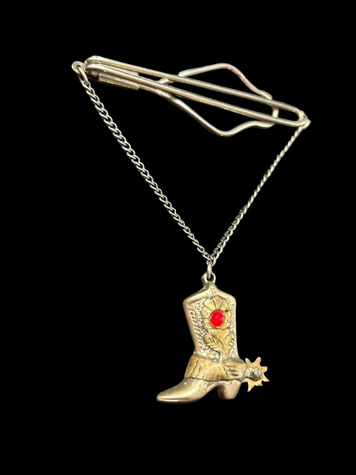 BOTA DE VAQUERO MEXICANA DE PLATA ESTERLINA Y ORO 10K CLIP DE CORBATA CON ESPOLÓN FACETADO PIEDRA ROJA Foto 1 de 4