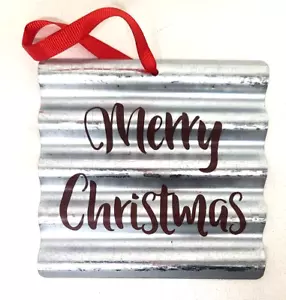 Merry Christmas Wall Hang Office Holiday Party Decoration Red Ribbon Tin Rustic - Picture 1 of 4