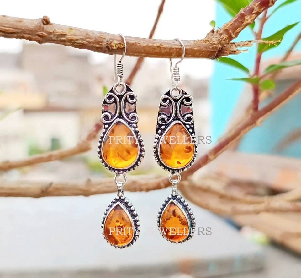 Lindo Brinco Banhado a Prata Âmbar, Brinco Antigo, Brinco de Âmbar Feito à Mão - Imagem 1 de 4