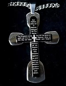 COLLAR Doble Cruz Lord’s Prayer para Hombre en Acero Inoxidable Inglés 2015 Nuevo en Caja - Imagen 1 de 4