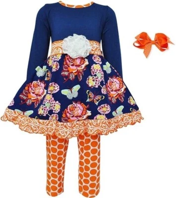 Ann Loren BNWT Girl’s Fall Autumn Blue Butterfly & Floral Dress Set Size 9-10 - Image 1 of 4