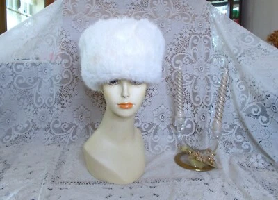 Vintage Snow White Thick Rabbit Fur Hat W/ Gray Pompom on Top 22 1/2" Lovely - Image 1 of 4