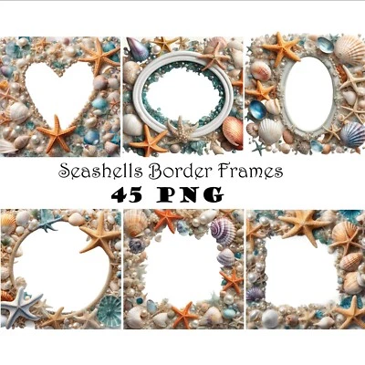 Tropical Seashells Border Frame PNG Clipart Digital Download Beach Overlays - Image 1 of 4