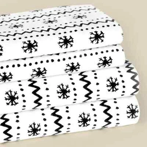 Twin Full Soft Flannel Sheet Set White & Black Snowflake Winter Sheet Set - Picture 1 of 1
