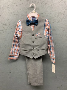 Nautica Boys 4 Piece Suit Set Size 4 Gray Vest Shirt Pants Bow Tie NWT - Picture 1 of 13